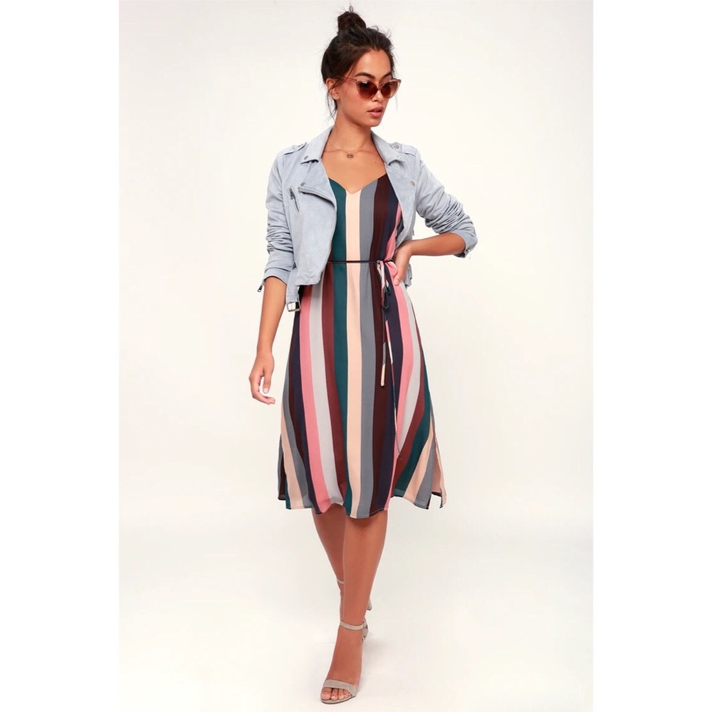Mauve Multi Stripe Belted Midi Slip Dress
